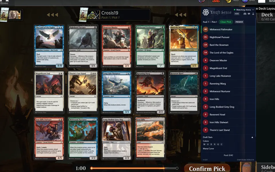 A Premier Draft pack 1 pick with Draft Sense scores listed next to the cards