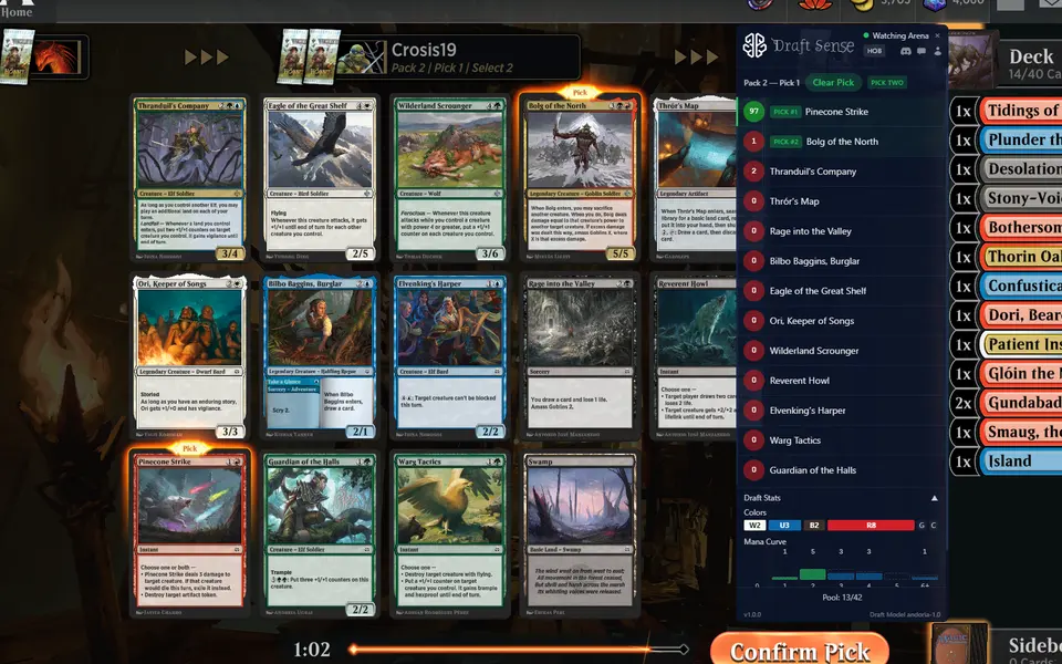 Pack 2, pick 1 with a fresh pack and the overlay's top pick highlighted